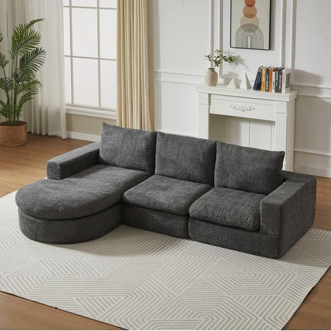 Sofá modular de 3 plazas con chaise longue reversible de chenilla gris 250x160x80 cm OKWISH (1/5)