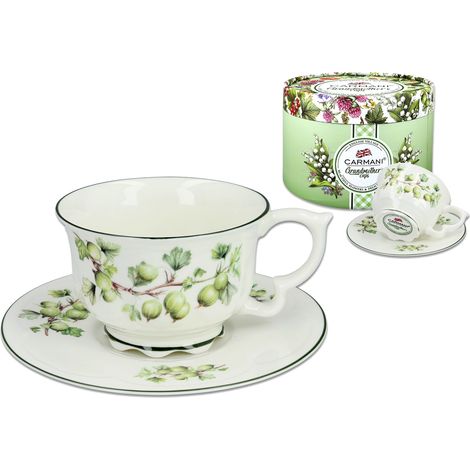 Tazza in porcellana con piattino, motivo retrò da nonna, color uva spina (1/4)