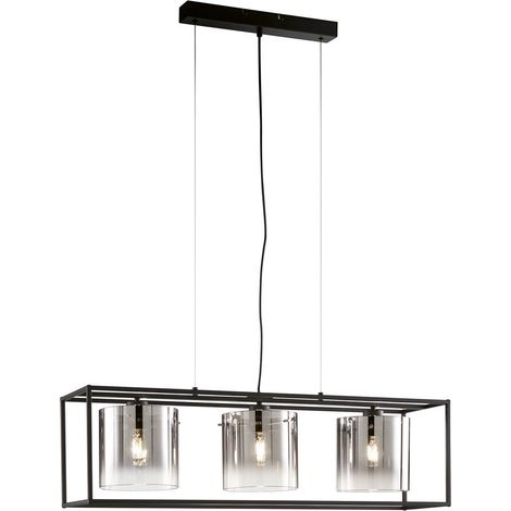 SAMU E27 suspension 3x40W métal sable noir, verre fumé H : 150cm L : 90cm l : 23cm dimmable, réglable en hauteur (1/4)