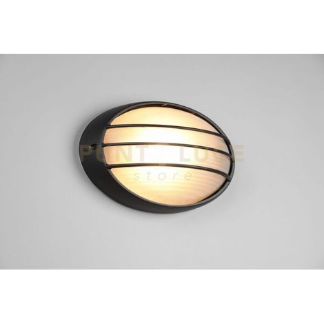 TIRSO PLAFONIERA APPLIQUE DA ESTERNO OVALE FUSIONE DI ALLUMINIO NERA CON GRIGLIA  E VETRO SATINATO L.32CM IP44