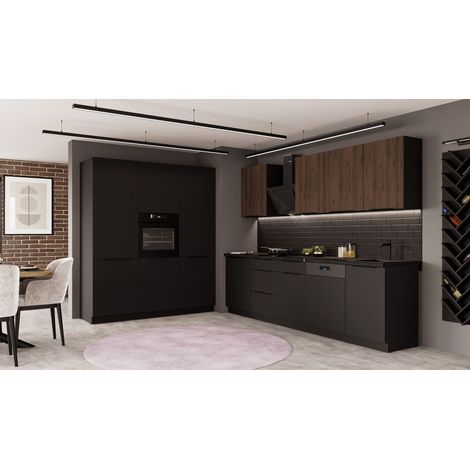 Küche SIENA + MONZA 280 + 180 cm Küchenzeile Küchenblock Einbauküche Nussbaum Okapi + Schwarz matt (1/5)