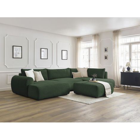 BOBOCHIC - Canapé panoramique convertible coffre LUCIEN gros côtelé doux avec pouf Angle gauche  Vert (1/5)