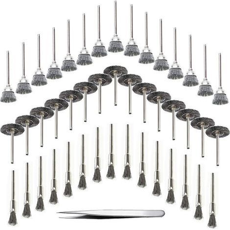 Juego de 45 herramientas para taladro de madera: cepillo de alambre, alambre de acero inoxidable, cepillo giratorio para taladro de metal, color plata (acero inoxidable). (1/5)