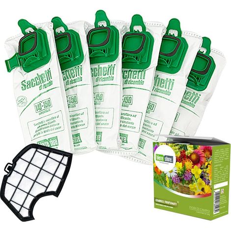 Sacchetti folletto vk 140 vk 150 6pz + granuli profumati fiori di campo+ filtri compatibili (1/2)