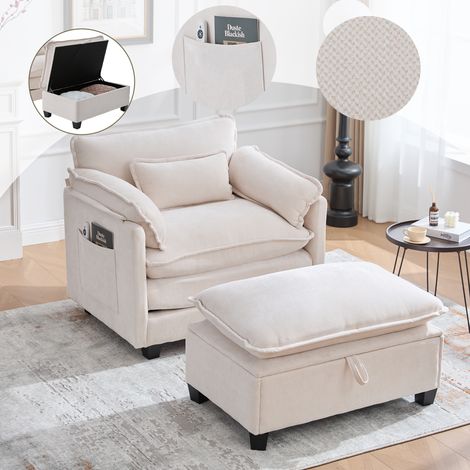 Fauteuil moderne et très grand, avec pieds et tabouret. Fauteuil en velours avec des compartiments sur les côtés et des coussins. Fauteuil confortable pour la lecture, idéal pour le salon,