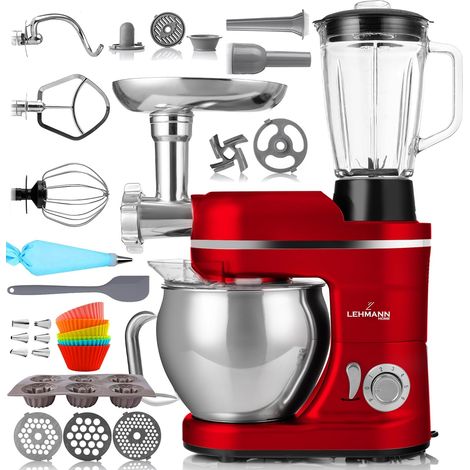 Machine De Cuisine Universelle 3 En 1  Avec Système De Battement Planétaire  Multifonctionnelle Avec Hachoir À Viande  Presse-Agrumes De 1,5 L  Bol En Acier Inoxydable De 5 L (Rouge) (1/5)