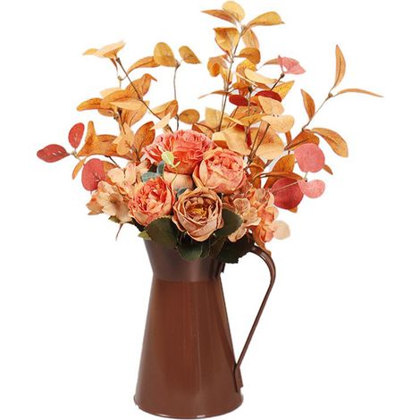 (Fleur en pot de seau en fer-blanc avec rose d'eucalyptus) Ornements de roses artificielles aux couleurs d'automne, inserts de branches, plantes en pot de fleurs artificielles pour Thanksgiving, art f (1/2)