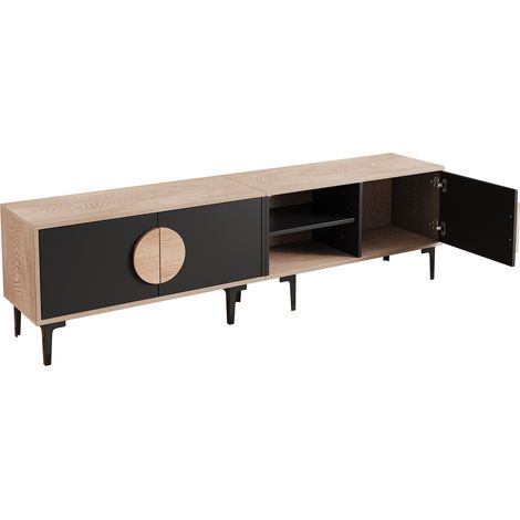 Mueble TV 180x35x49 cm con 3 puertas y 2 huecos, acabado madera y negro, hasta 80" (1/5)