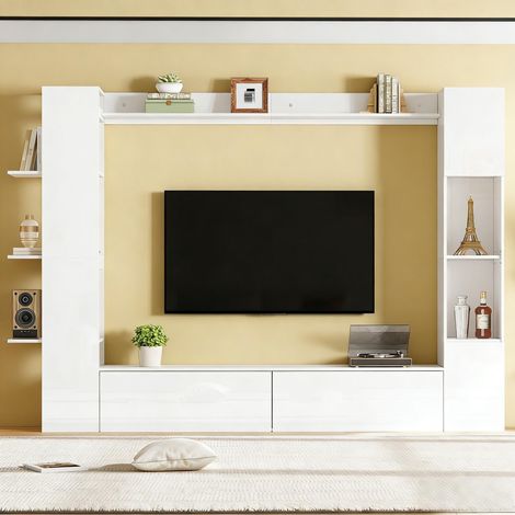Ensemble meuble TV mural 245x30x170cm, Meuble de salon complet avec vitrine réversible et étagères de rangement, Blanc