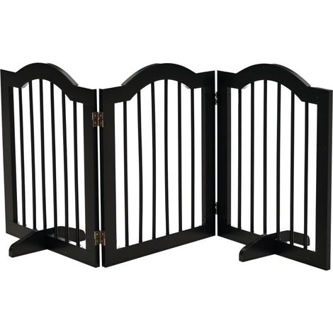 Barrière animalière en bois noire autoportante pliable avec pieds stabilisateurs, idéale pour entrées et escaliers intérieurs
