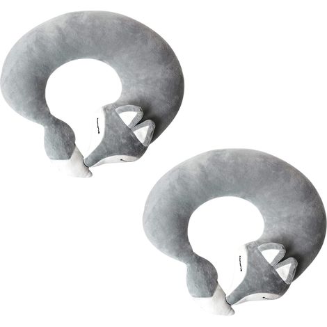 Lot de 2 oreiller, forme U, motif renard, appui-tête gris, voyage voiture avion train, adulte enfant (1/5)