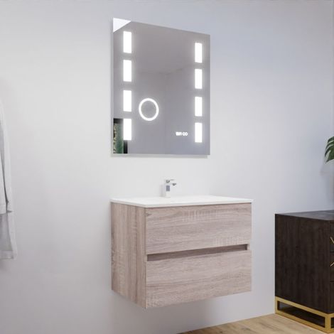 Cuisibane – Meuble salle de bain 70 cm avec plan vasque céramique – Miroir LED Excellence – 2 tiroirs à extension complète – Caisson suspendu blanc brillant