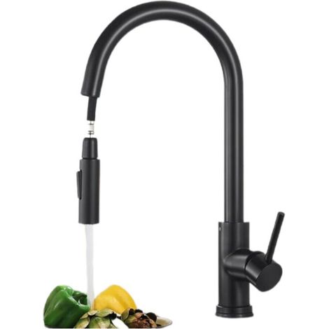 Robinet de Cuisine Noire avec 2 Fonctions Douchette Extractible Mitigeur Cuisine Rotatif à 360° en Acier Inoxydable、 (1/5)