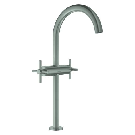 GROHE Waschtisch-Einlochbatterie Atrio 21149, XL-Size, für freistehende Waschschüsseln, Push-open Ablaufgarnitur 1 1/4'', mit Kreuzgriffen, supersteel (1/3)