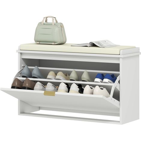 Banc de rangement chaussures avec étagère cachée, bois et tissu aspect lin, 80 x 26 x 47,5 cm, teinte blanc cassé et beige, assise pour entrée (1/5)
