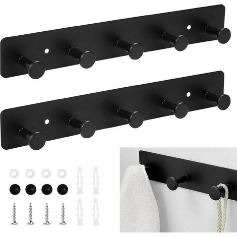 Lot de 2 crochets muraux adhésifs noirs pour vestes, 31,5 cm, crochets muraux pour cuisine, sans perçage, crochets pour vêtements, penderie, serviettes, chapeaux, foulards, sacs à main (1/5)