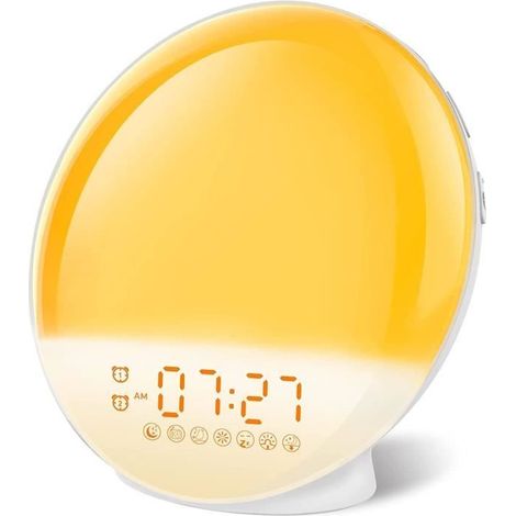 REVEIL SIMULATEUR D'AUBE Lampe Réveil Enfant avec Simulation de Lever Coucher,Radio Réveil Lumineux avec 2 Alarmes,Snooze,7 Sons N (1/4)