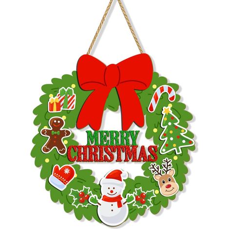 Couronne de Noël en bois à suspendre - Décoration festive avec bonhomme de neige, pain d'épice et rennes, à accrocher à la porte d'entrée ou au mur pour l'intérieur ou l'extérieur, décorations de Noël (1/5)