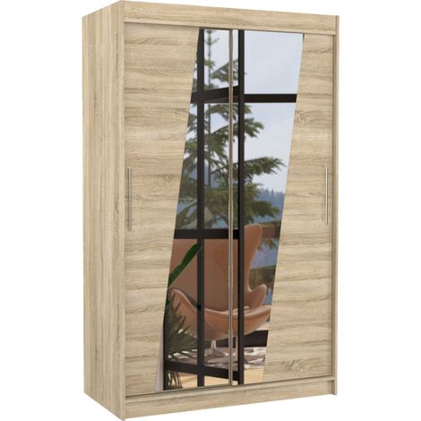 Petite armoire de chambre 2 portes coulissantes bois clair et miroirs en diagonale Texano 120cm (1/5)