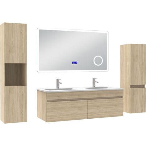 Ocean Ensemble meuble salle de bain 120 cm Chêne Wotan, lavabo céramique + 2 colonnes hautes + Miroir Bluetooth avec 3 couleurs dimmable, suspendu