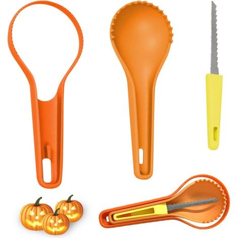 Kit per intagliare la zucca di Halloween da 3 pezzi, strumento 3 in 1 che include un cucchiaio per zucca con una lama da taglio in acciaio inossidabile, ideale per intagliare e decorare la zucca per H (1/4)