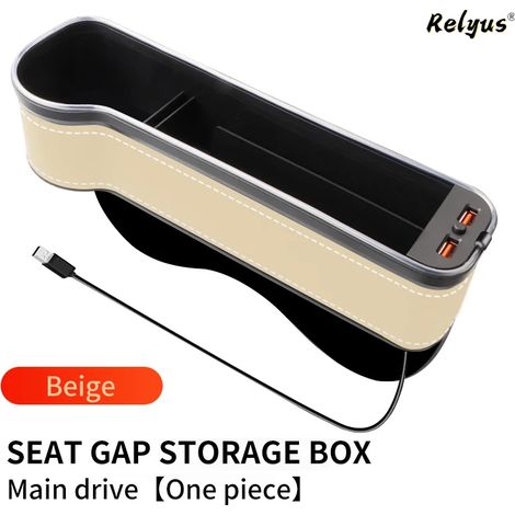 (Beige gauche) Boîte de rangement lumineuse LED multicolore pour siège auto, avec 2 ports USB à charge rapide, compartiment pour gobelet, téléphone et cartes. (1/5)