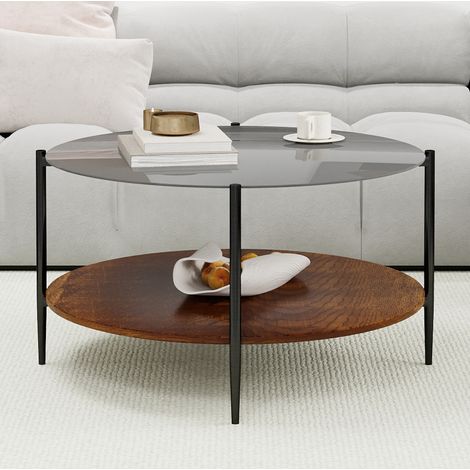 Couchtisch rund mit 2 Ebenen 82 cm Glas Holz schwarz OKMYHOME (1/5)