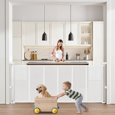 Barrière de Sécurité Extensible Jusqu’à 180 cm Hauteur 87 cm, Barrière Rétractable pour Animaux de Compagnie, Clôtures en Mailles, pour Chiens Couloir Escalier Porte Salle de Jeux, Blanc (1/5)