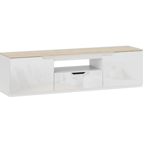 Mueble TV 160x38x43 cm para TV de hasta 65 pulgadas, 2 compartimentos, cajón y gestión de cables, MDF natural (1/5)