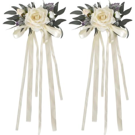 Lot de 2 Décorations Florales pour Rétroviseur de Mariage Blanc Lait - Fleurs Artificielles Élégantes avec Rubans pour Voiture de Mariée et Cortège - Déco de Voiture de Mariage (1/5)