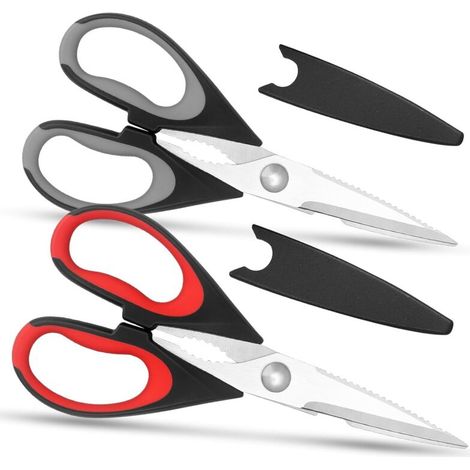 Juego de 2 tijeras de cocina de acero inoxidable con funda de seguridad - Agarre suave - Multiusos - Resistentes - Rojo/gris (1/4)