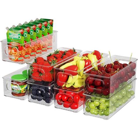 Set mit 8 stapelbaren Kühlschrank-Organizern,transparente Aufbewahrungsboxen mit Griff für die Küche,freistehend und BPA-frei (1/5)