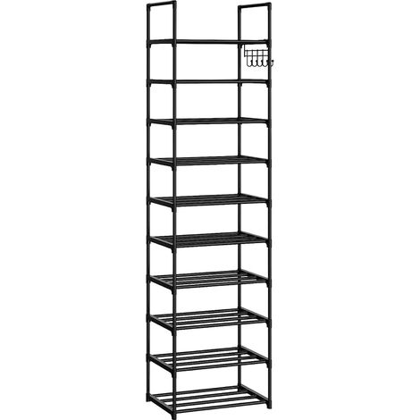 Zapatero de 10 niveles, ahorra espacio, de metal, con ganchos, apilable, para entrada, sala de estar y dormitorio, color negro (1/5)