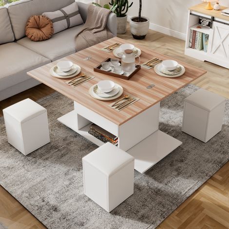 Table basse relevable 2-en-1 100x100 cm avec rangement, 4 tabourets, plateau rabattable, blanc (1/5)