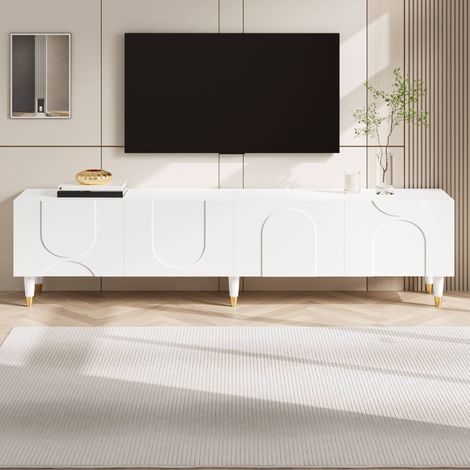 Meuble TV bas 180 cm, 4 portes relief arche et passe-câbles, en MDF et bois massif, pour salon, Blanc (1/5)