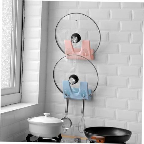 2 pezzi Porta coperchi da appendere, organizer per coperchi di pentole, supporto per coperchi senza foratura (blu, rosa) (1/5)