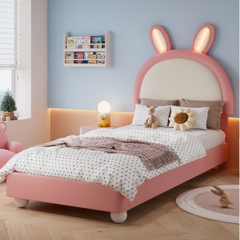 lit enfant couchage LED 90x200 PU rose blanc OKMYHOME (1/5)