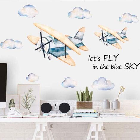Avion aquarelle avec stickers muraux nuage, pâte murale chambre d'enfant garçons chambre maternelle salle de jeux histoire de jouets salle de classe décoration de la maison, décoration murale am
