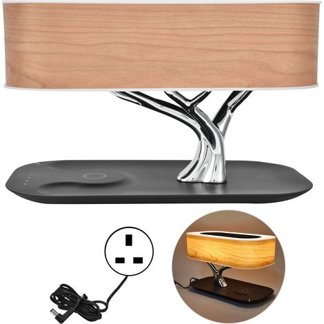 Lampe de chevet sans fil avec chargeur audio, lampe de table tactile en bois à intensité variable, idéale pour le lit ou le salon (prise britannique). (1/5)