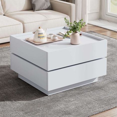 Table basse pivotante 360° 60 x 60 x 38 cm, 2 tiroirs et rangements, plateau modulable, blanc (1/5)