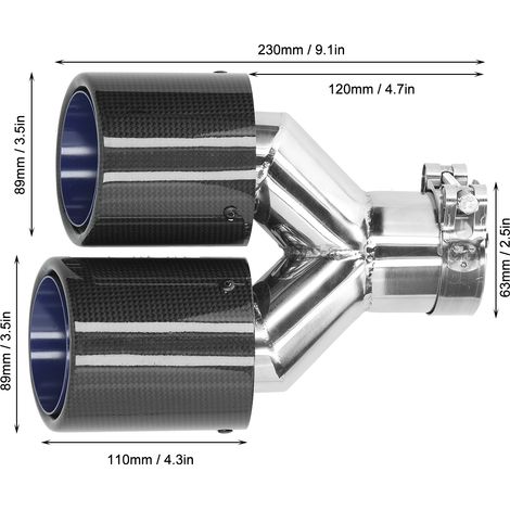 Tuyau d'échappement double universel en fibre de carbone en forme de Y avec finition brillante et bords roulés, échappement droit avec finition bleuie (AP32KR) pour la modification de voiture. (1/4)