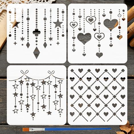 4 Pièces Pochoirs de Création Étoile Amour avec Pinceau 15x15cm Pochoirs de Motif de Cœurs d'Amour Pochoir d'Étoiles Scintillantes Gabarit de Thème Floral pour Bois Mur Meuble DIY (1/5)