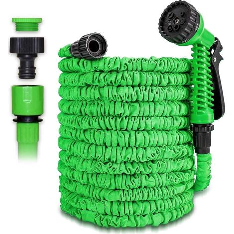 Tuyau d'arrosage flexible et extensible, tuyau rétractable de 50 pieds, couleur verte, pour jardin et usage extérieur (1/5)