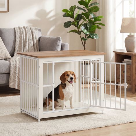 Meuble Cage pour Chien en Acier, Table d'Appoint à 2 Portes avec Fond Plein, 82 x 55 x 64 cm, Blanc et Marron (1/5)