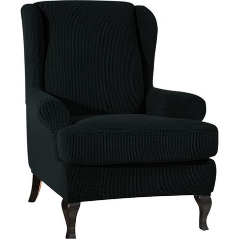 Funda elástica para sofá, de tejido elástico, para sillones orejeros, fabricada en poliéster y elastano (negra). (1/5)