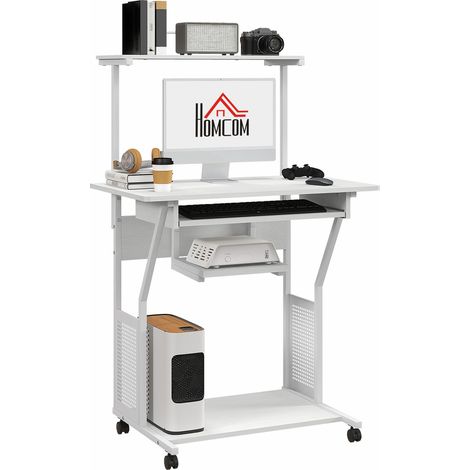 Bureau d'ordinateur roulant avec étagères de rangement, poste de travail et plateau pour clavier, 80x50x130cm, blanc