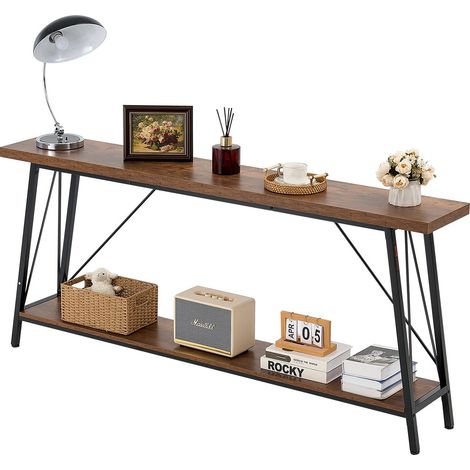 Table console étroite pour canapé, 180 x 30 x 80 cm, table d'entrée longue à 2 niveaux, console meuble avec cadre en métal, pour couloir, salon, bureau et chambre à coucher, marron et noir (1/5)