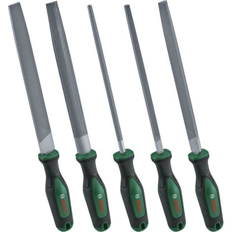 Bosch Set de 5 limes (limes ronde/demi-ronde/plate/triangulaire/carrée acier au carbure dur course moyenne 2 Softgrip)