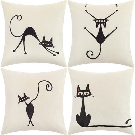 Housse Coussin 45x45 Taie d'oreiller Lot de 4 Housses Coussin Decoratif Fleurs La Vie Marine Plante Tropicale Schéma pour Canapé Chaise de Salon (Chat-Coton Lin) (1/5)