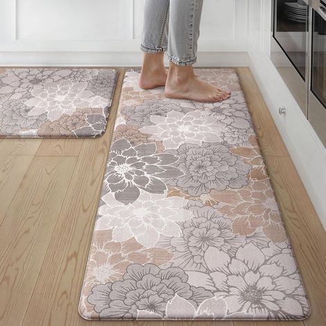 Kitchen floor mat, absorbent and non-slip PVC mat, oil-resistant, washable, long strip mat for winter entryway - Floral design - Off-white - 441501.0cm